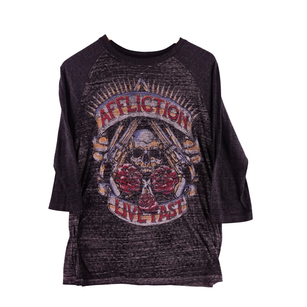 Affliction Live Fast Graphic Raglan T-Shirt Womens S Grey Burnout 3/4 Sleeve Y2K